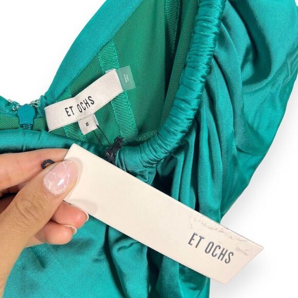 NEW ET Ochs Mary Curve Rushed One-shoulder Satin Teal Midi Dress Pickles Size 8 - Picture 10 of 13